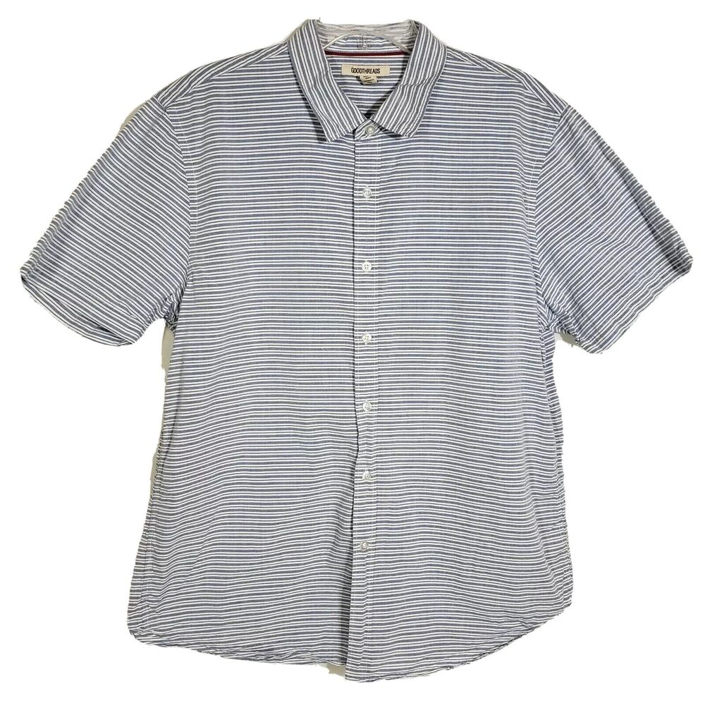 Goodthreads Men's Shirt Size XL Short-Sleeve Horizontal Stripe Blue White Button